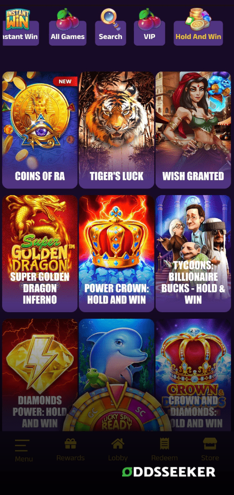 A screenshot of the mobile casino games library page for SweepSlots